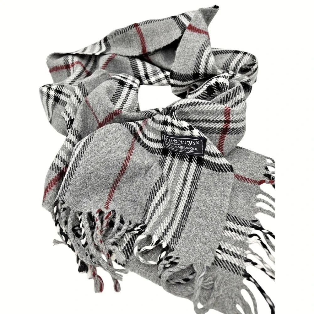 Vintage Burberrys of London Scarf 100% Lambswool Grey Nova Check Plaid Scotland‎